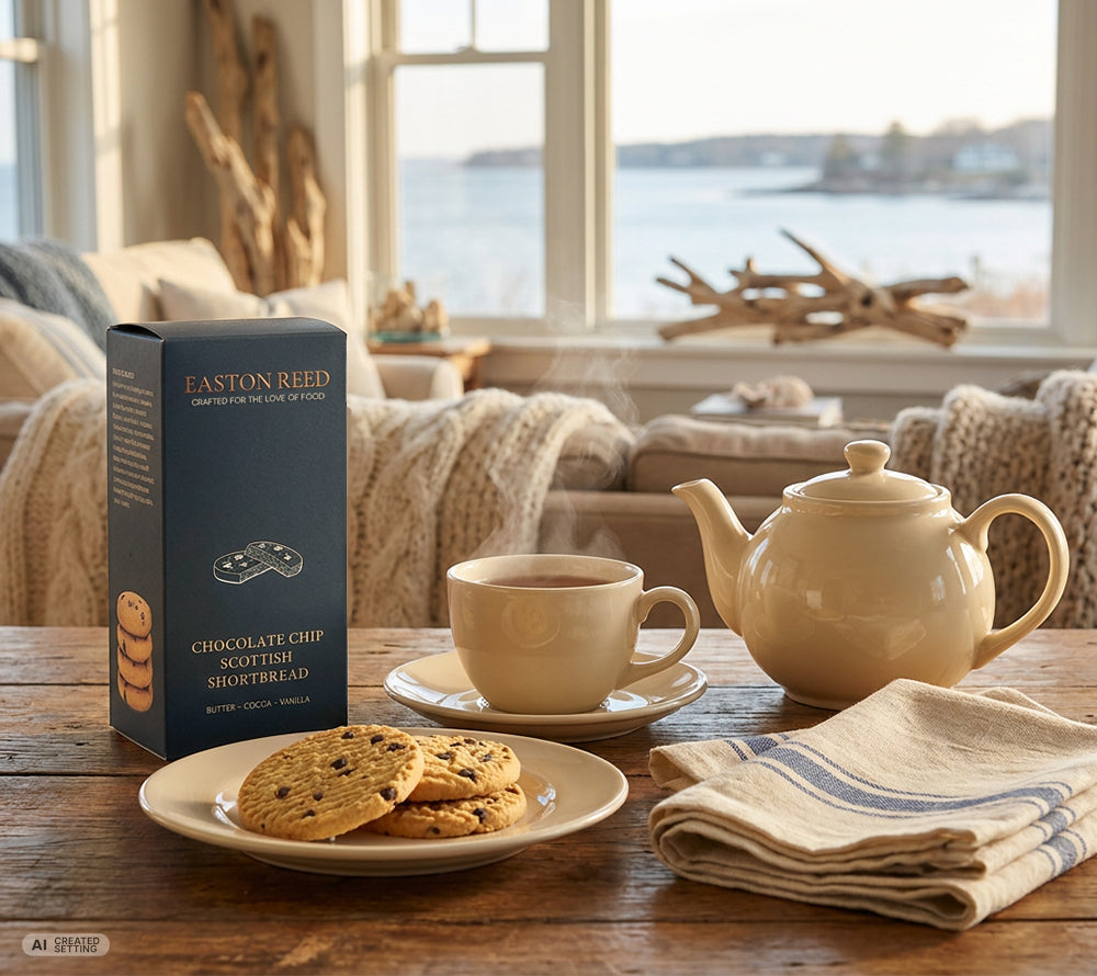 Mürbes Chocolate Chip Shortbread von Easton Reed mit 10 % Schokoladenstückchen. In kleinen Chargen in Schottland gebacken. 175-g-Packung.