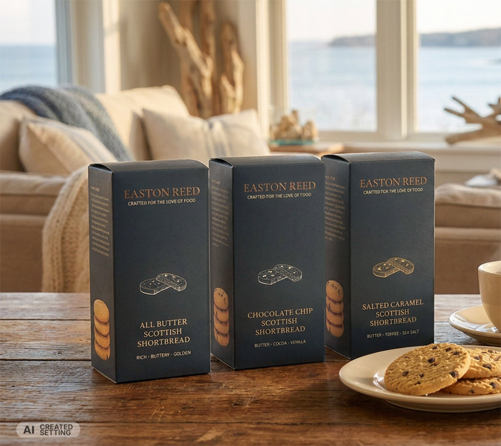 Shortbread Set von Easton Reed mit drei Sorten: All Butter, Salted Caramel & Chocolate Chip. Traditionell in Schottland gebacken – ideal zum Genießen.