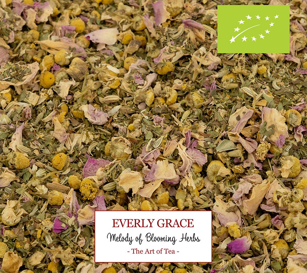 Melody of Blooming Herbs Tee von Everly Grace kaufen. Harmonie in jeder Tasse. Kräuterteemischung. 100% Bio. Fenchel, Krauseminze, Kamillenblüten, Süßholz