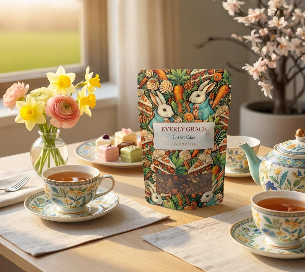 Everly Grace Carrot Cake Tea – Bio-Rooibos mit Karotte, Apfel & Gewürzen. Samtig-warm für frühlingshafte Genussmomente voller Leichtigkeit.