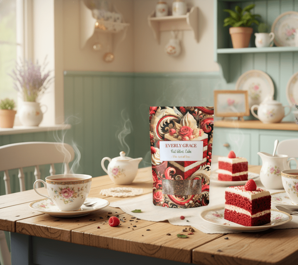 Everly Grace Red Velvet Tea – Bio-Tee mit Kakaonoten & warmen Gewürzen, sanft-süß, perfekt für besondere Genussmomente.
