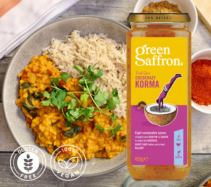 Korma Sauce von Green Saffron kaufen | natürlich, vegan & glutenfrei | echte indische Aromen | mit 8 feinen Gewürzen | EU-weiter Versand | jetzt bestellen!