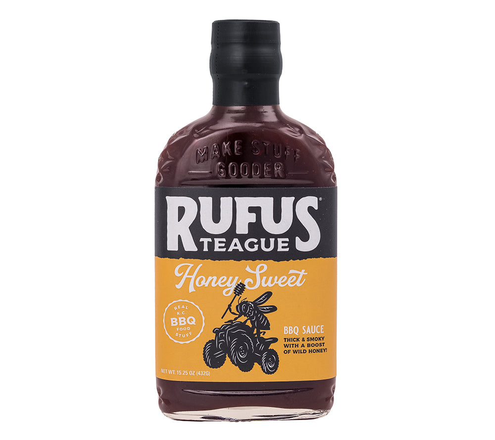 Entdecke Rufus Teague Honey Sweet BBQ Sauce mit kräftigem BBQ-Aroma, süßem Honig und angenehm rauchiger Note. Perfekt zu Fleisch, Grillgemüse und Sandwiches.