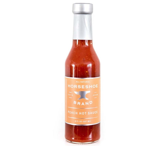 Peach Hot Sauce von Horseshoe Brand kaufen | Fruchtig-Scharfe Sauce mit Serrano-Chili | Perfekt zu Hähnchen, Gemüse und Frühlingsrollen | EU-weiter Versand