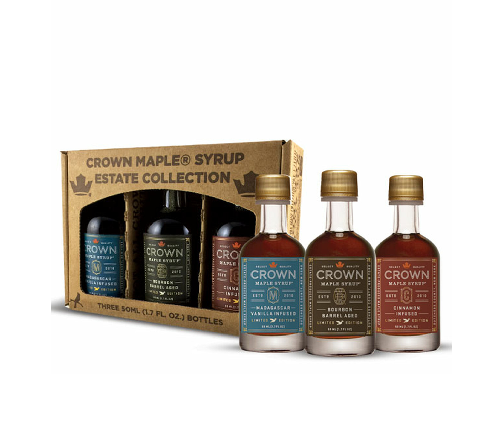 Ahornsirup Petite Infused Trio von Crown Maple kaufen | Vanille, Zimt, Bourbon Barrel | Ideal zum Probieren im Geschenkkarton | Europaweite Lieferung