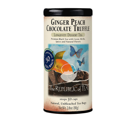 Ginger Peach Chocolate Truffle Black Tea von The Republic of Tea kaufen | Mischung aus Kakao, Medé und Rooibos | Ideal zum Feiern und Genießen