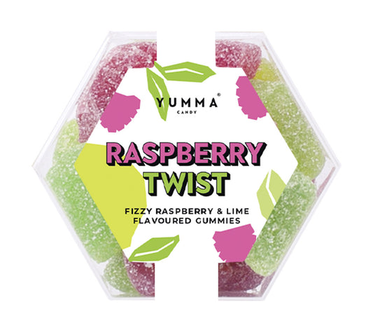 Raspberry Twist Hexagon Box von Yumma Candy kaufen | Unwiderstehliche Kombination von Himbeere und Limette | süß-sauer | Snacken für unterwegs